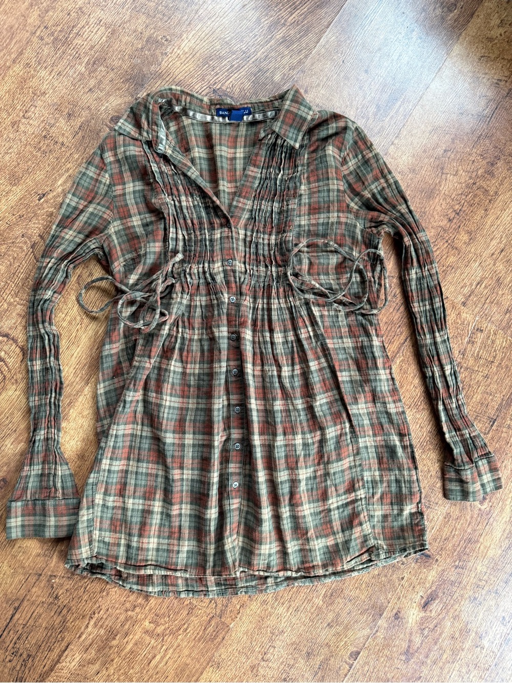 BandolinoBlu Plaid Button Up Longsleeve Shirt Dress Cinched Waist Tie Sz M